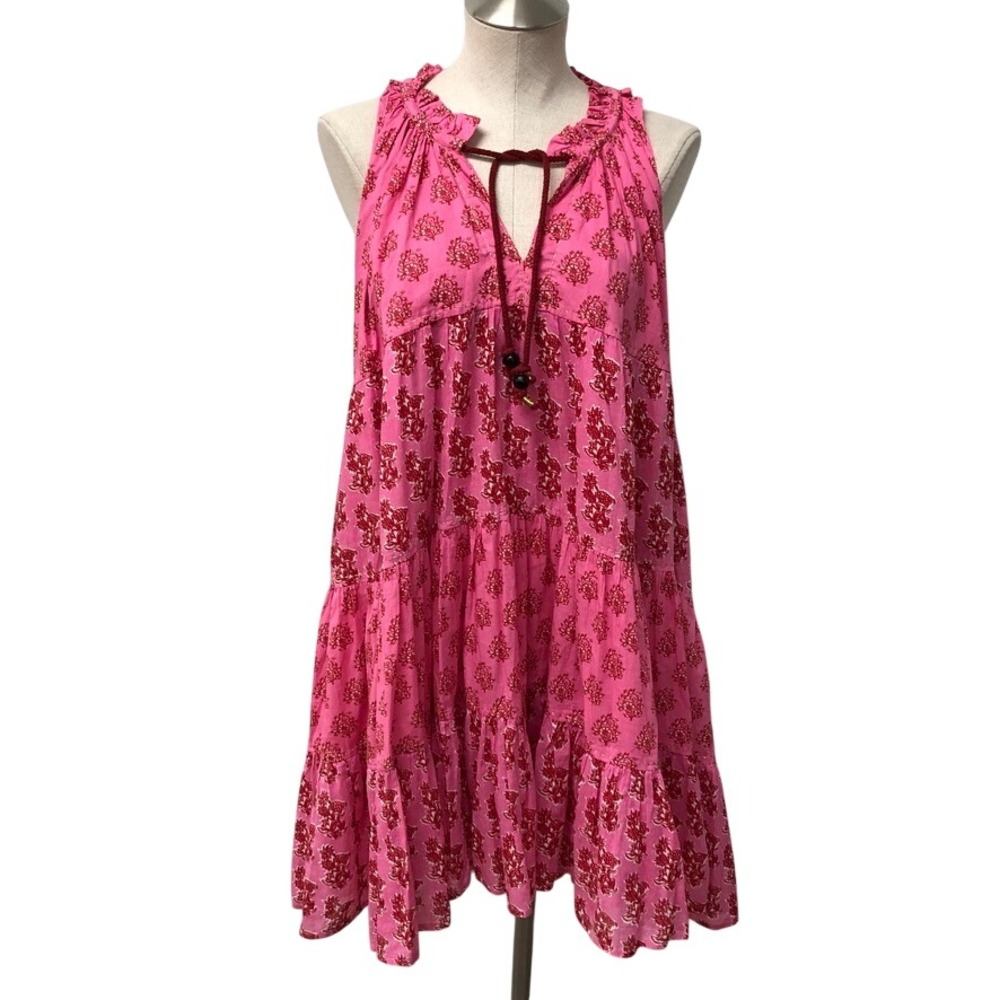 Ros Garden Tiered Dress Womens M Pink Floral Block Print Cotton Sleeveless Boho
